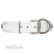 "Ancient Mystery" FDT Artisan Handmade White Leather Dog Collar with Silver-like Fitting