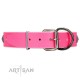 "Spiky Jewel" Handmade FDT Artisan Pink Leather Dog Collar with Silver-Like Embellishments